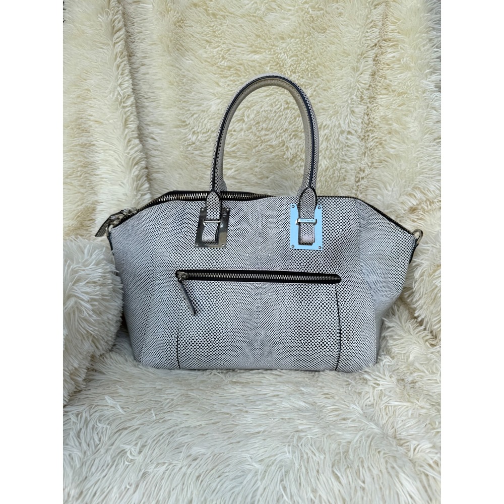 Henri Bendel Black White Lizard Embossed Leather Satchel Bag Silver Hardware